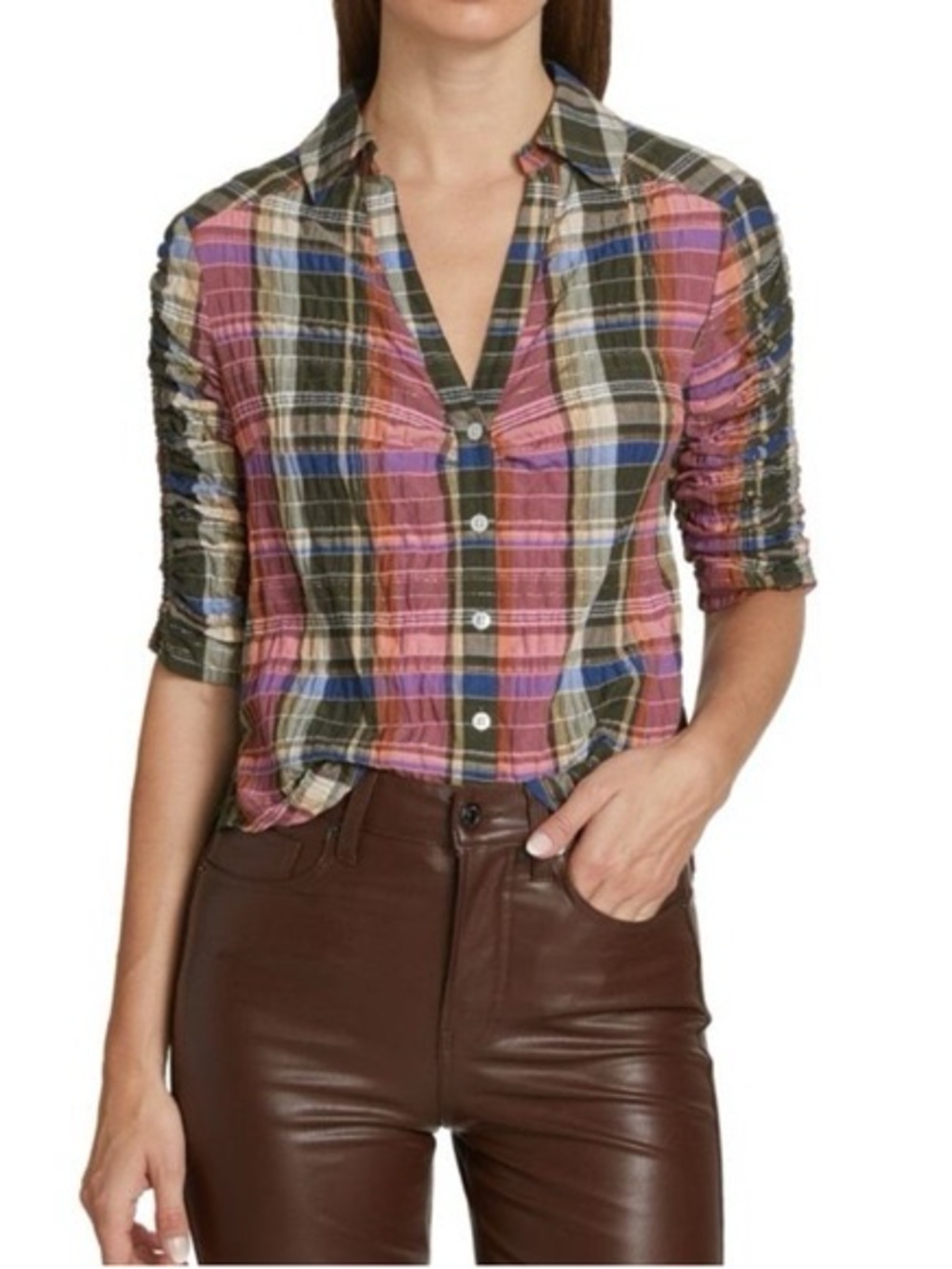 Veronica Beard Pink Multicolour Plaid Linen Shirt